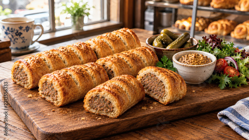 Traditional British Sausage Rolls Served With Mustard And Pickles