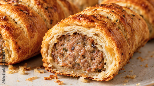 Close Up Traditional British Sausage Rolls With Crispy Pastry
