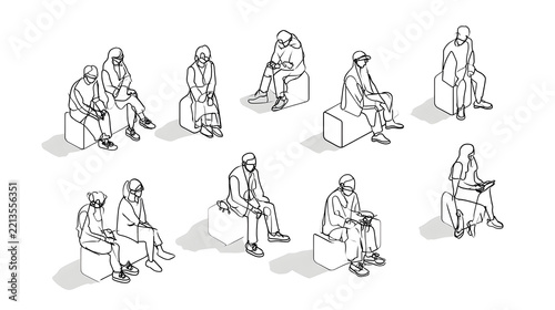 set of people sitting on the ground isometric view. minimalist outline plan drawings for architectural style. black continuous line art illustration. Stock Vector