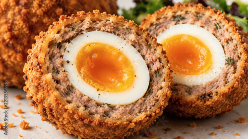 Close Up British Scotch Egg With Crispy Breadcrumb Coating