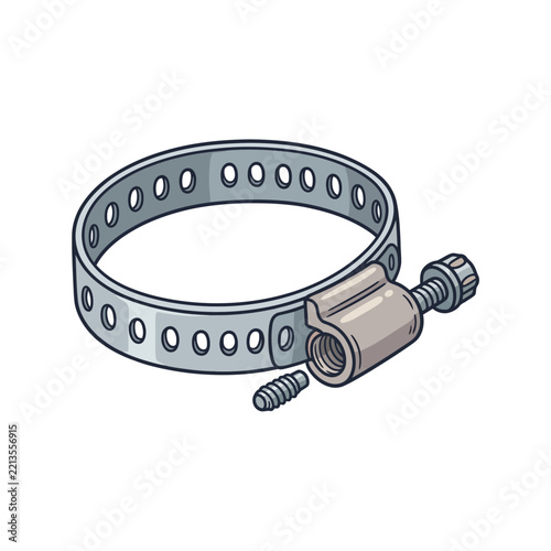 A metal hose clamp with a screw mechanism for securing pipes and hoses.
