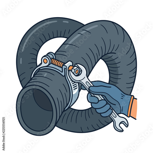 A hand wearing a glove tightening a metal clamp on a flexible industrial hose.