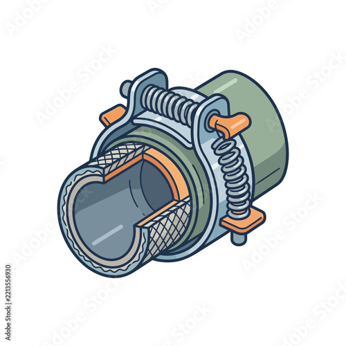Cross section of a reinforced rubber hose with a metal spring clamp connector.