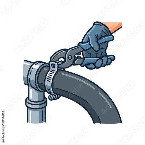 A gloved hand using pliers to tighten a metal hose clamp on a pipe.