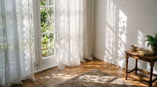 Sunlit room with sheer curtains, wooden floor, and side table