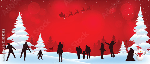 Festive Christmas winter scene with snowy pine trees, joyful family silhouettes, Santa Claus and reindeer flying across a bright red night sky with a cheerful snowman.