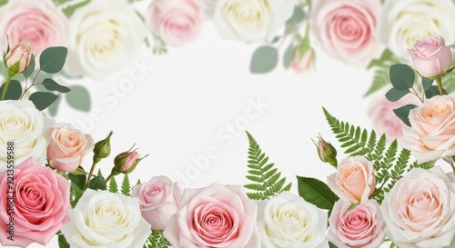 Fresh pastel roses form a colorful floral frame against a clean white surface.