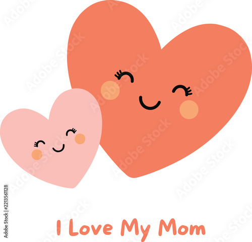Two cute cartoon hearts, one large orange and one small pink, with text