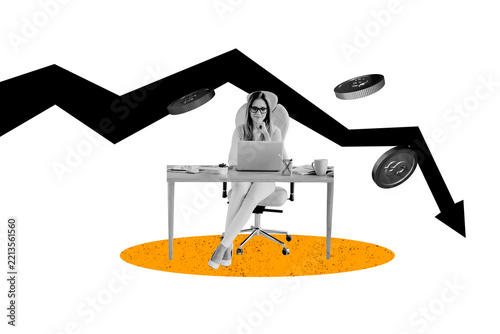 Composite photo collage of inexperienced girl sit office workplace surf laptop arrow decline progress crisis isolated on painted background