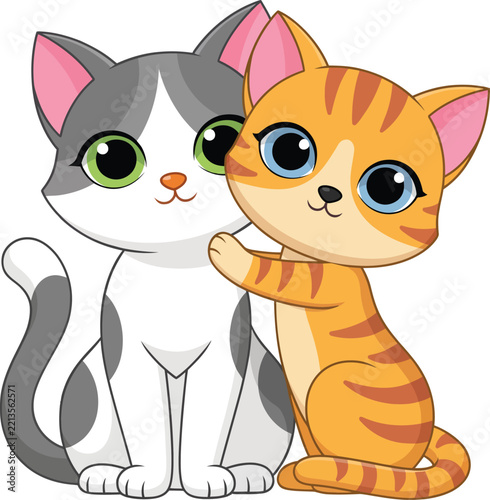 Two cute cartoon kittens hugging with big eyes 