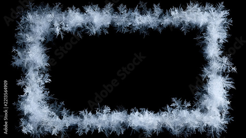 Winter frost and snow frame on black background. Frozen ice crystals and snowflakes border with central copy space. Christmas holiday overlay effect