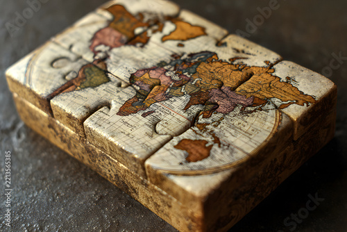 Antique wooden box with a world map puzzle