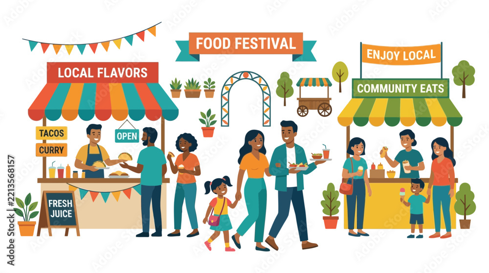 Obraz premium Diverse people enjoy food festival with stalls offering local flavors and community eats.