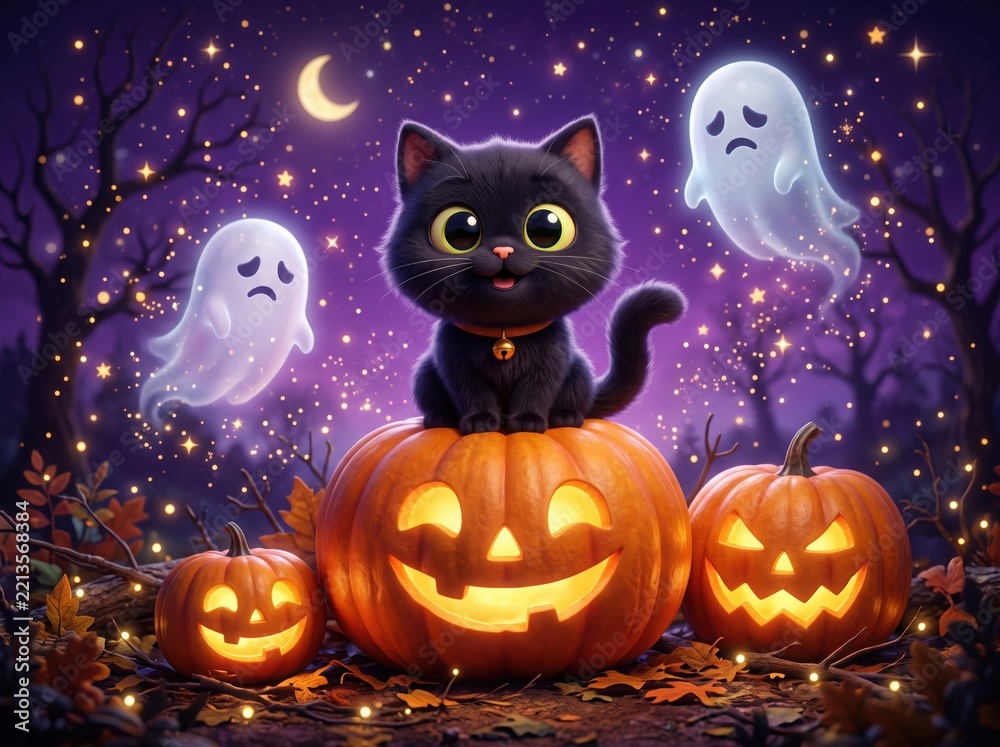 Fototapeta premium Cute black kitten sitting on a glowing jackolantern with friendly ghosts in a magical halloween forest at night
