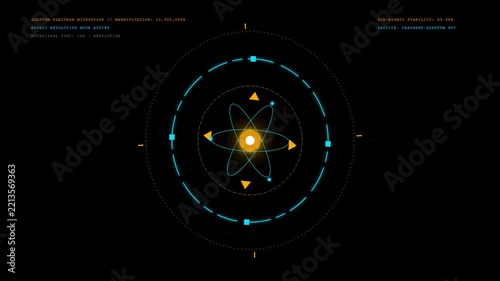 Quantum Particle Atom Model HUD Interface Animation on Dark Background with Scientific Data Overlay