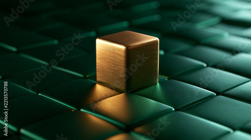 Golden Cube Standing Out on Dark Geometric Grid