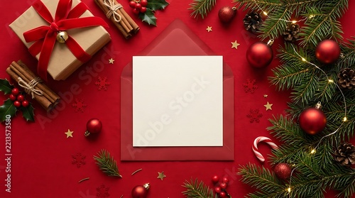 Christmas greeting card with gift and pine branches on red background