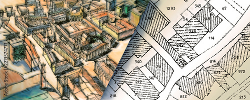 OLD CITY WITH RESIDENTIAL BUILDING OVER AN IMAGINARY CADASTRAL MAP - CONCEPT WITH CITY MAP AND SKETCH OF AN OLD ITALIAN CITY