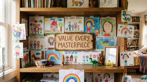 Children's Artwork Displayed on Bookshelf with Inspirational Quote, Creative Expression