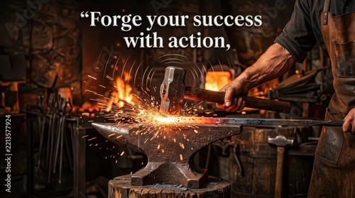 Blacksmith Forging Metal with Hammer on Anvil in Fiery Workshop