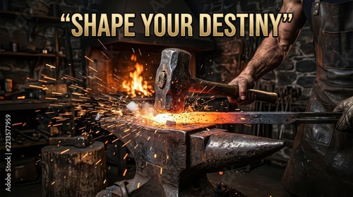 Blacksmith Forging Metal with Hammer on Anvil, Sparks Flying in Workshop