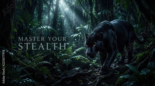 Black Panther Walking Through Dense, Lush Jungle With Sunbeams Filtering Through Canopy