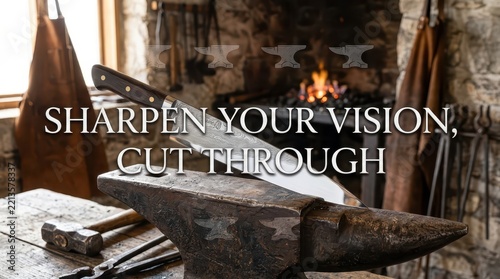 Blacksmith's anvil with knife, hammer, and forge fire in a rustic workshop