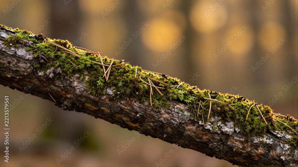 Obraz premium Mossy branch in forest, golden light filtering through trees behind.