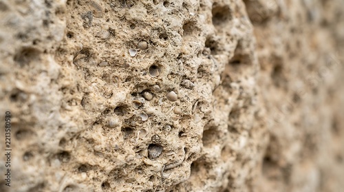 Detailed close up photograph showing rough porous fossilized limestone texture