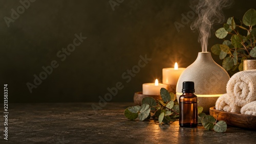 Amber aromatherapy bottle with candles and towels on olive stone