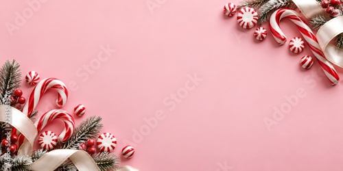 Christmas Decorations With Candy Canes and Ribbons on a Pink Background
