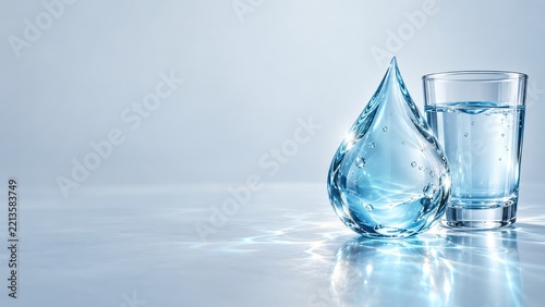 Clear blue glass water drop beside a drinking glass with reflections