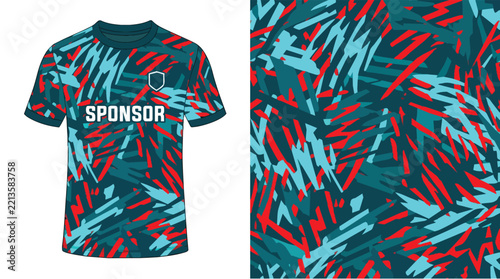 Jersey Pattern with Camouflage Style in Navy Blue Red and Teal