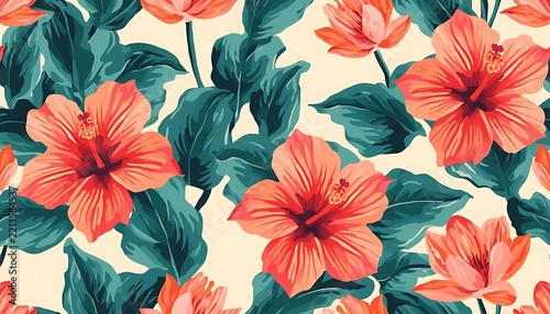Seamless pattern with orange hibiscus flowers and lush dark green leaves tropical pattern seamless background botanical print summer texture exotic flora nature illustration fabric design