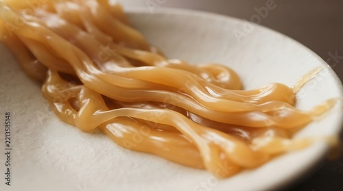 Fresh handmade noodles resting delicately upon a white ceramic plate