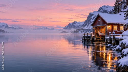 Red lakeside boathouse reflected in calm water beneath a winter sunset