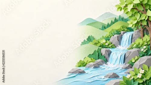Layered Paper Waterfall Flowing Through Green Hills and Gray Rocks