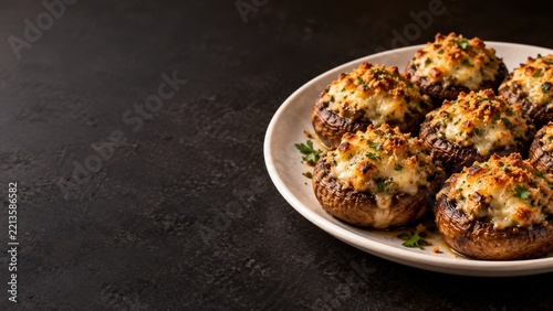 Roasted Stuffed Mushrooms with Cheese and Parsley on a Charcoal Table