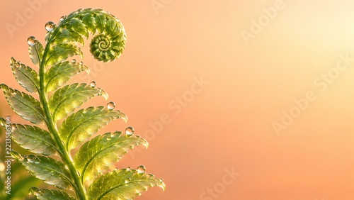 Green Glass Fern Frond with Clear Droplets on a Soft Peach Background