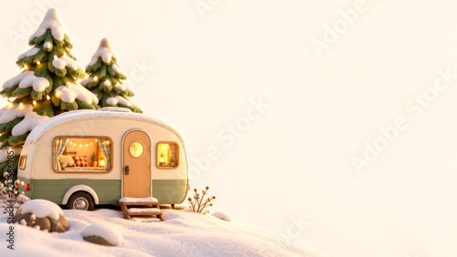 Small cream caravan with glowing windows among rounded snowy evergreen trees