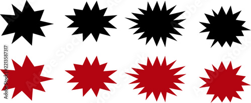 Starburst sale badge vector icon set, Comic burst and promo discount sticker symbol black and red color isolated on transparent png 
