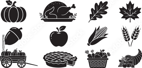 Black and white thanksgiving harvest holiday element silhouettes set for seasonal greeting cards.