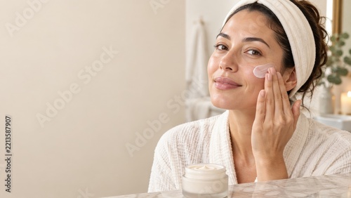Woman Applying Moisturizer to Her Cheek beside an Open Cream Jar in Warm Light