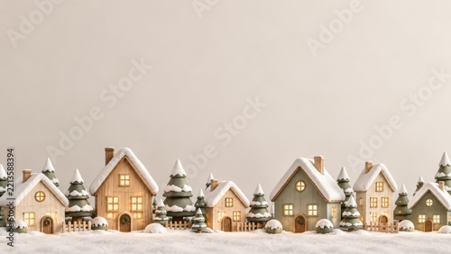 Row of miniature snowy houses with warm windows beneath a broad cream sky
