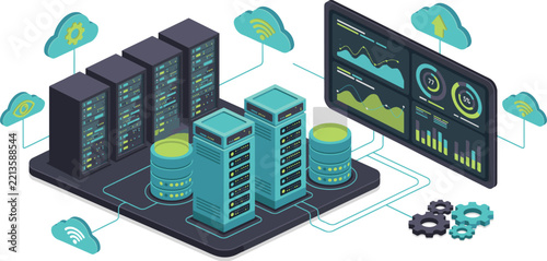 Server room infrastructure with data center racks, cloud computing network, and analytics dashboard system.