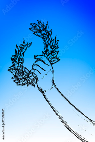 Sketch of hand holding a laurel wreath - Success and fame concept image on sky background