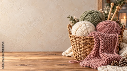 Wicker knitting basket with ivory and pink yarn on a rustic wooden table