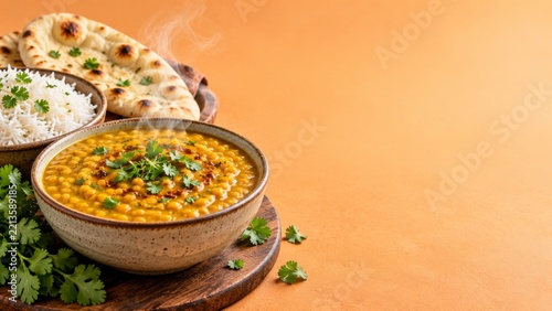 Steaming Lentil Dal with Basmati Rice and Naan on an Orange Table