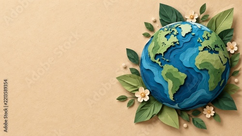 Layered paper globe framed by green leaves and small white blossoms