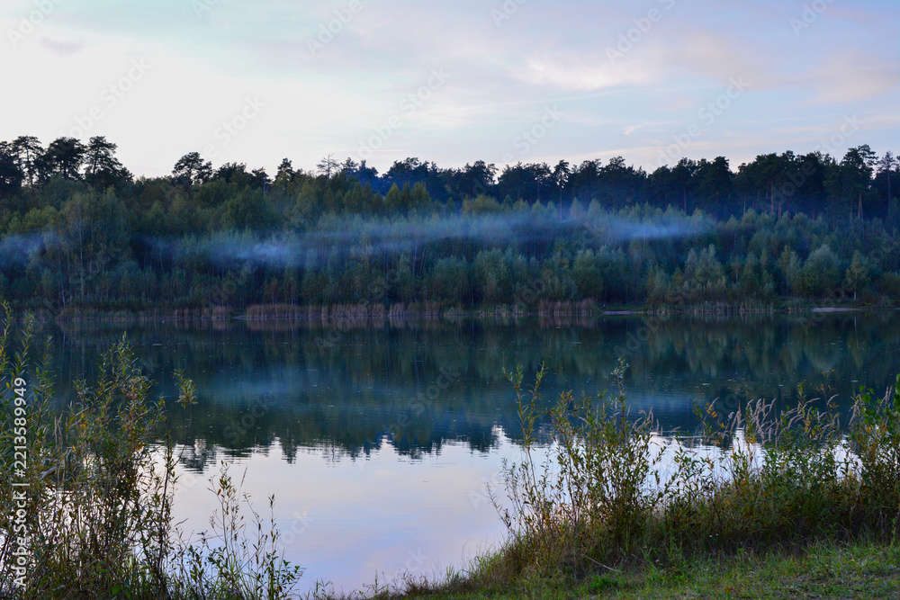 Fototapeta premium Misty Forest Lake at Twilight with fog over lake, front view